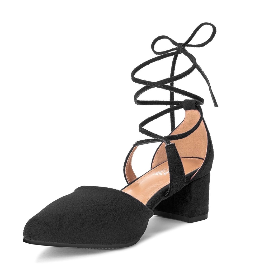 Black Faux Suede Lace Up Block Heels Parisian Chic Balletcore Holiday Party 7